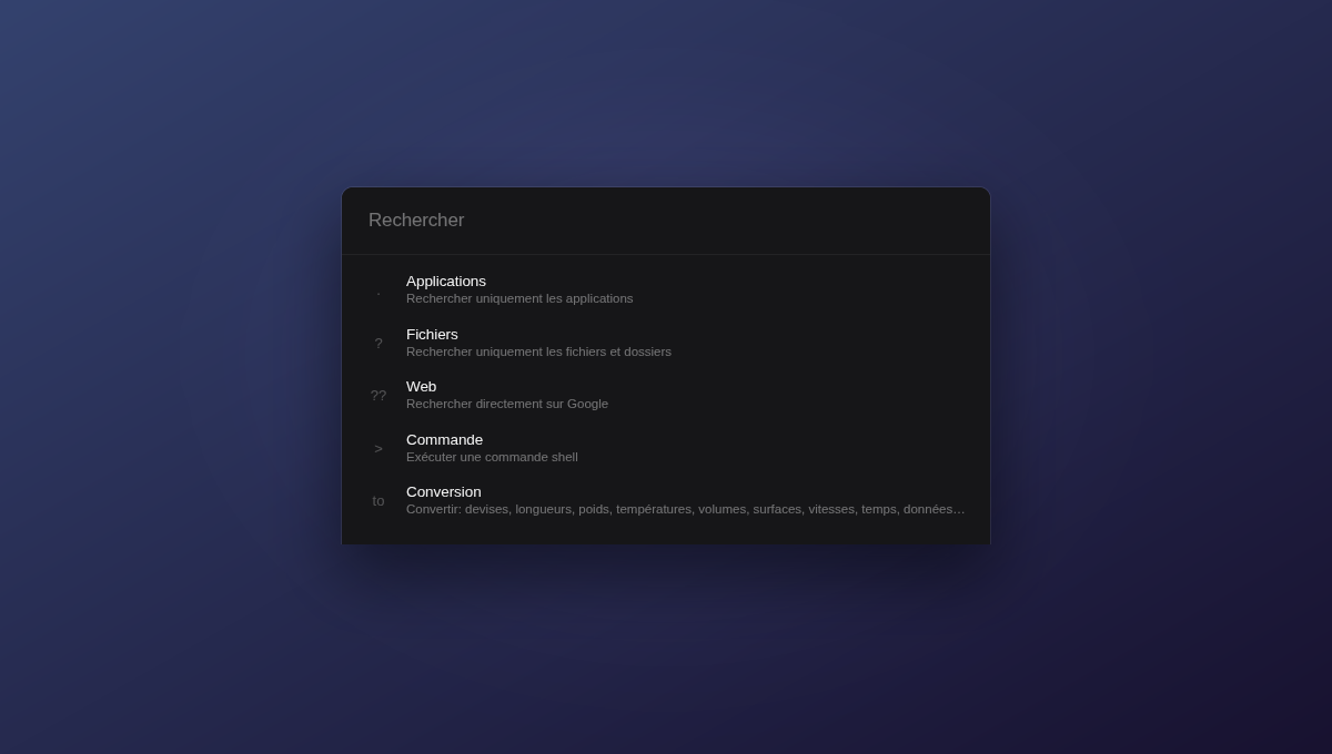 Finder ouvert sur un bureau Linux, prêt à rechercher des applications, fichiers, commandes et conversions
